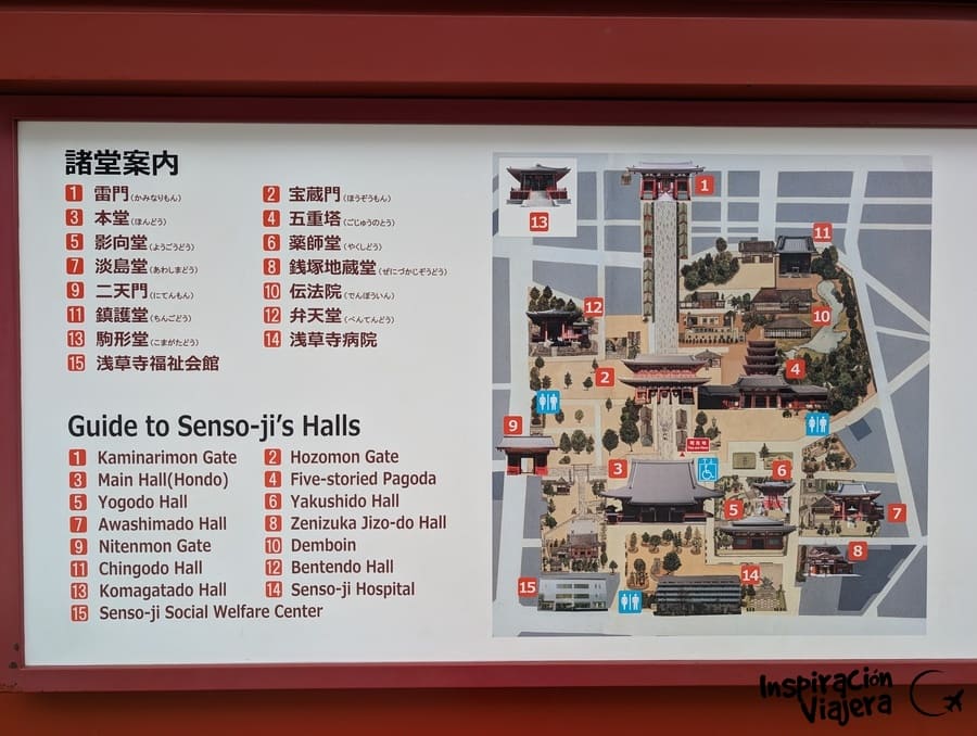 Mapa guía de pabellones del Sensō-ji en Asakusa, Tokio.